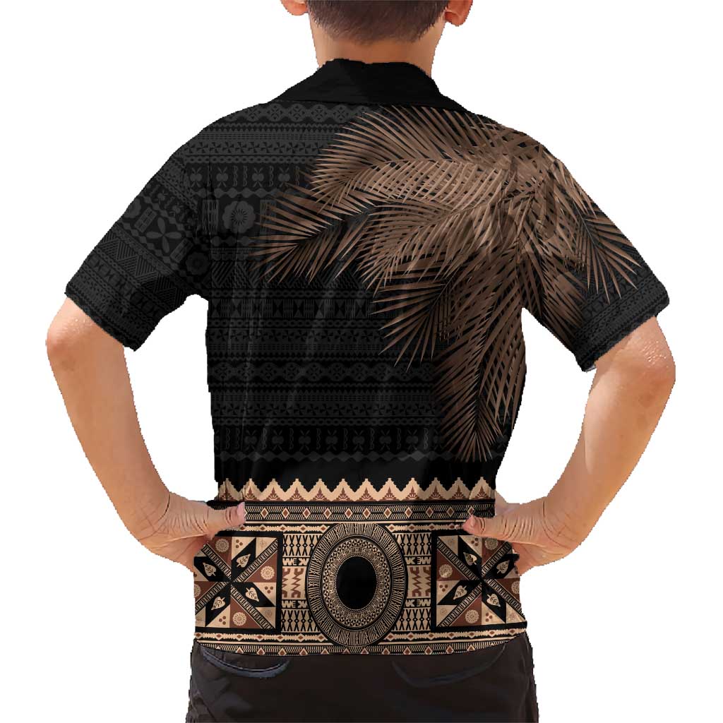 Fiji Palm Leaves Family Matching Short Sleeve Bodycon Dress and Hawaiian Shirt Masi and Tapa Tribal Pattern Beige Color LT03 - Polynesian Pride