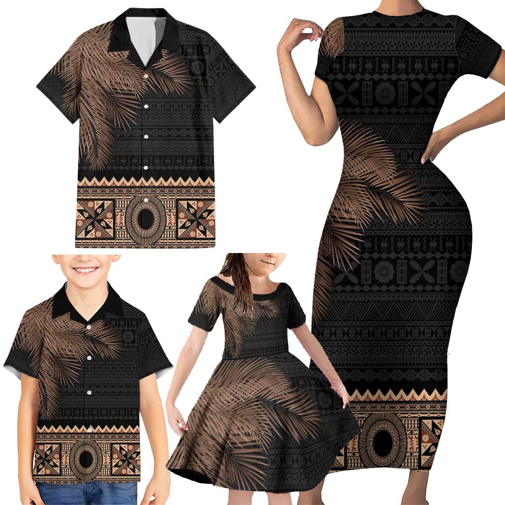 Fiji Palm Leaves Family Matching Short Sleeve Bodycon Dress and Hawaiian Shirt Masi and Tapa Tribal Pattern Beige Color LT03 - Polynesian Pride