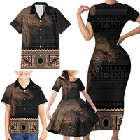 Fiji Palm Leaves Family Matching Short Sleeve Bodycon Dress and Hawaiian Shirt Masi and Tapa Tribal Pattern Beige Color LT03 - Polynesian Pride