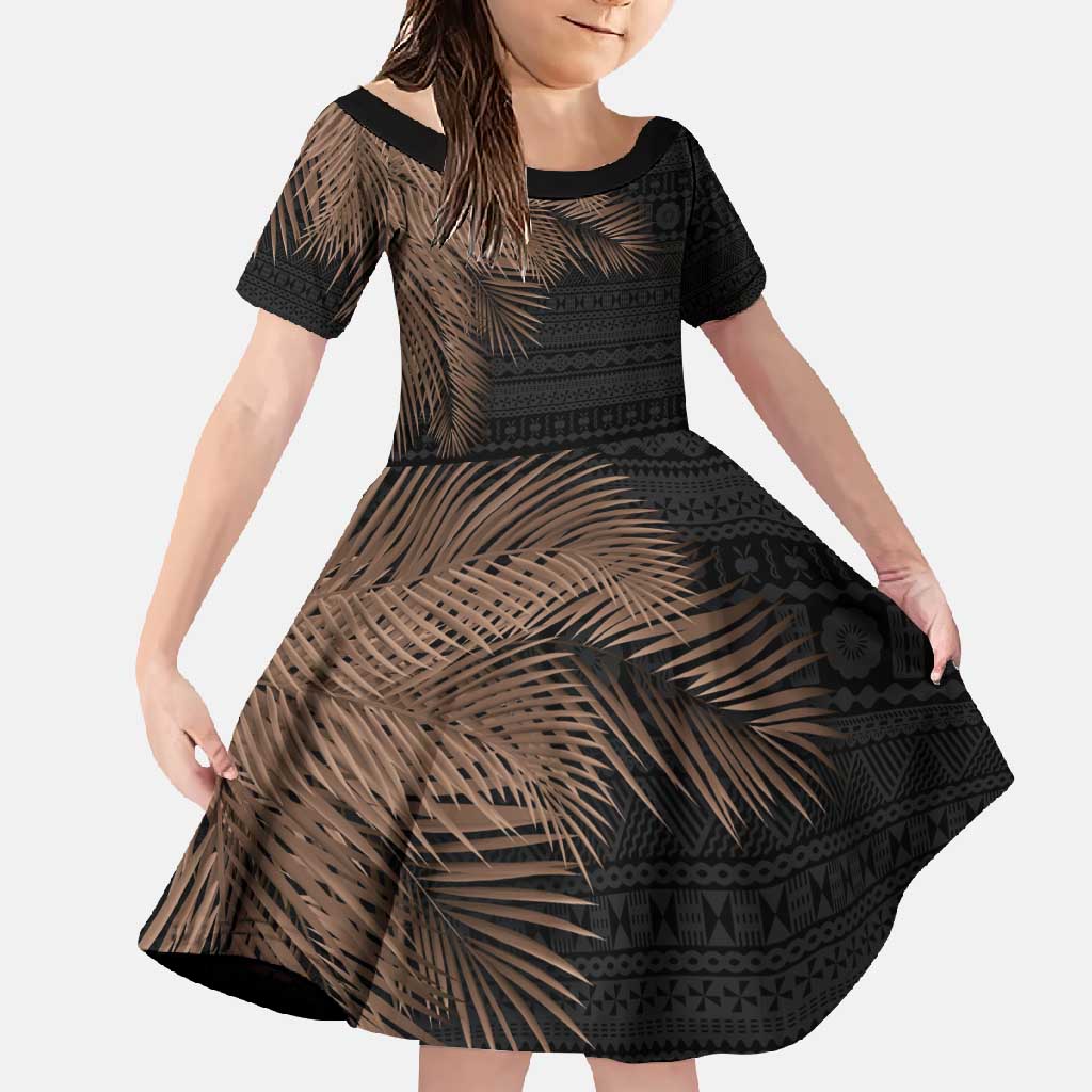 Fiji Palm Leaves Family Matching Tank Maxi Dress and Hawaiian Shirt Masi and Tapa Tribal Pattern Beige Color LT03 Daughter's Dress Beige - Polynesian Pride