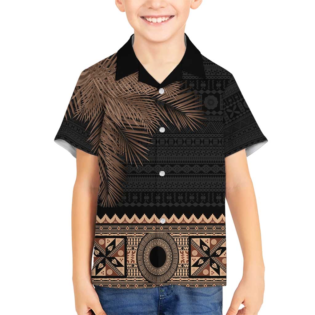 Fiji Palm Leaves Family Matching Tank Maxi Dress and Hawaiian Shirt Masi and Tapa Tribal Pattern Beige Color LT03 Son's Shirt Beige - Polynesian Pride