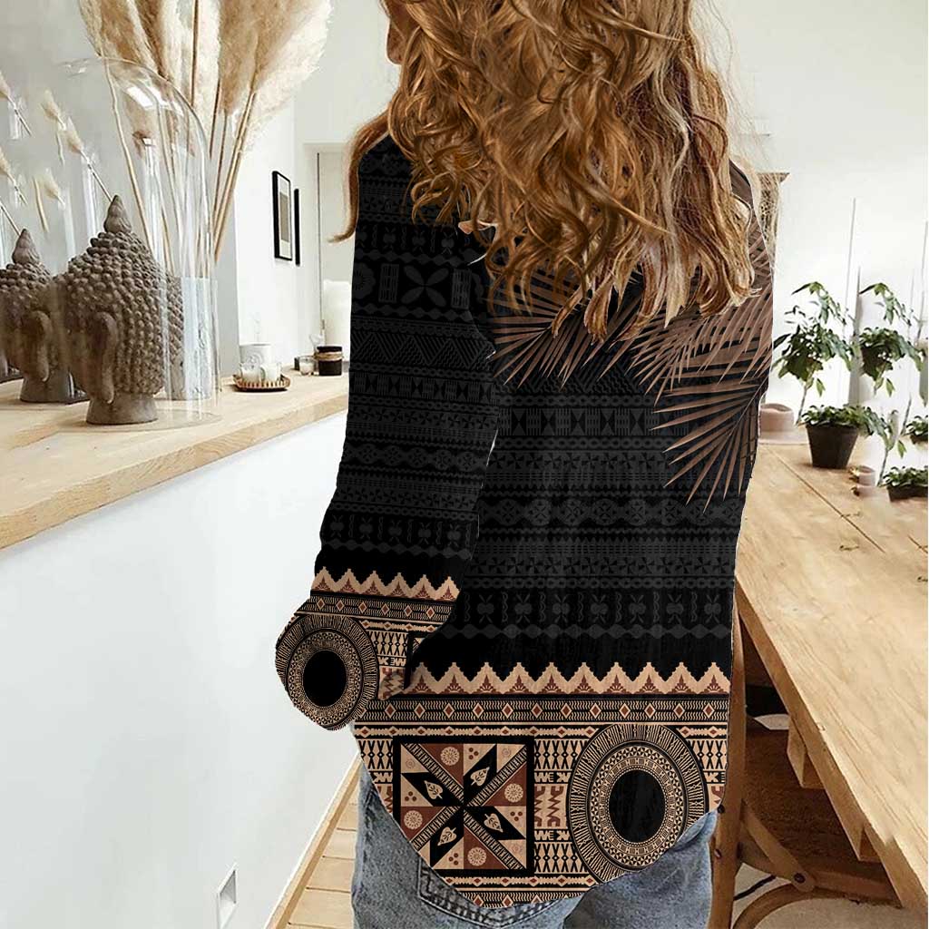 Fiji Palm Leaves Women Casual Shirt Masi and Tapa Tribal Pattern Beige Color LT03 - Polynesian Pride
