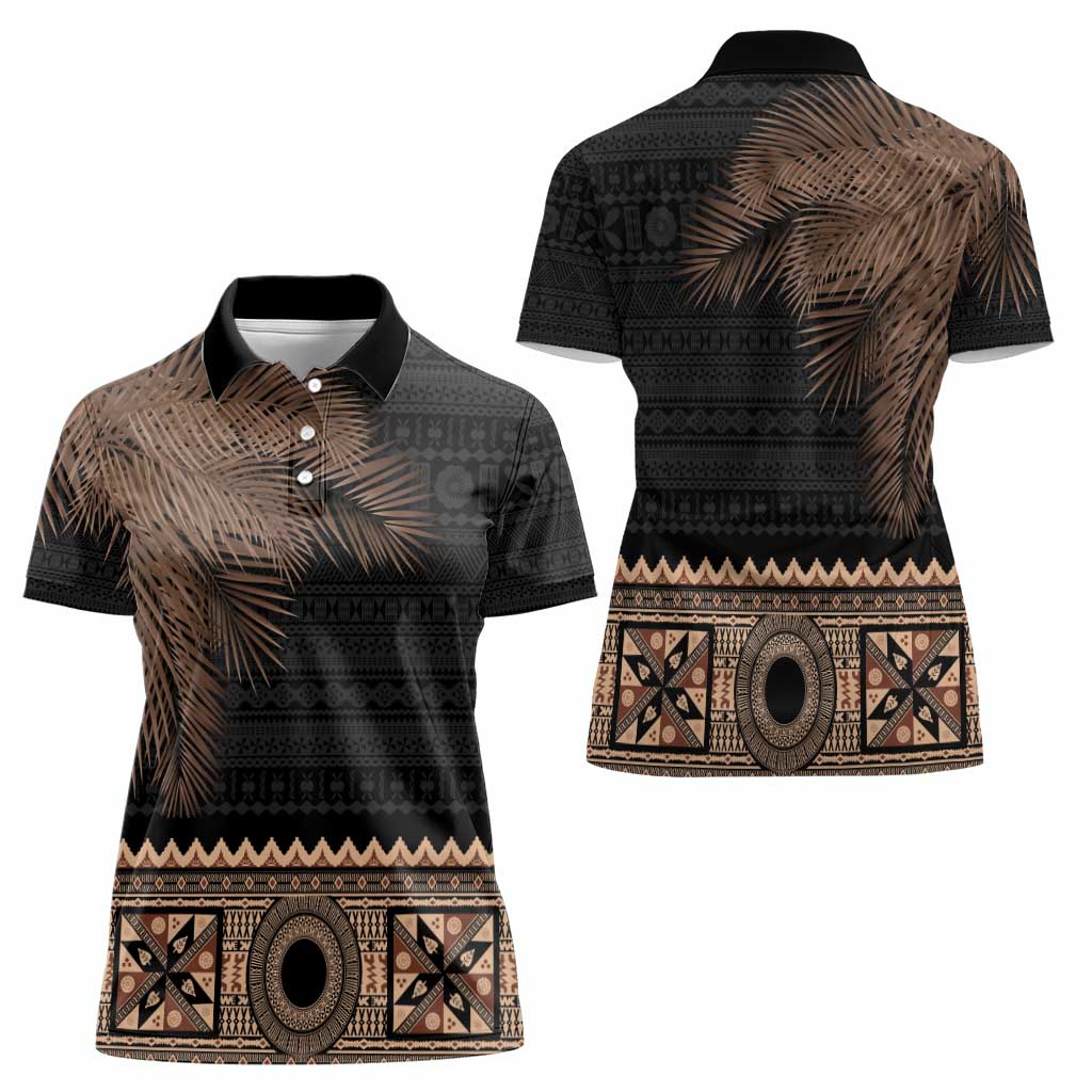 Fiji Palm Leaves Women Polo Shirt Masi and Tapa Tribal Pattern Beige Color