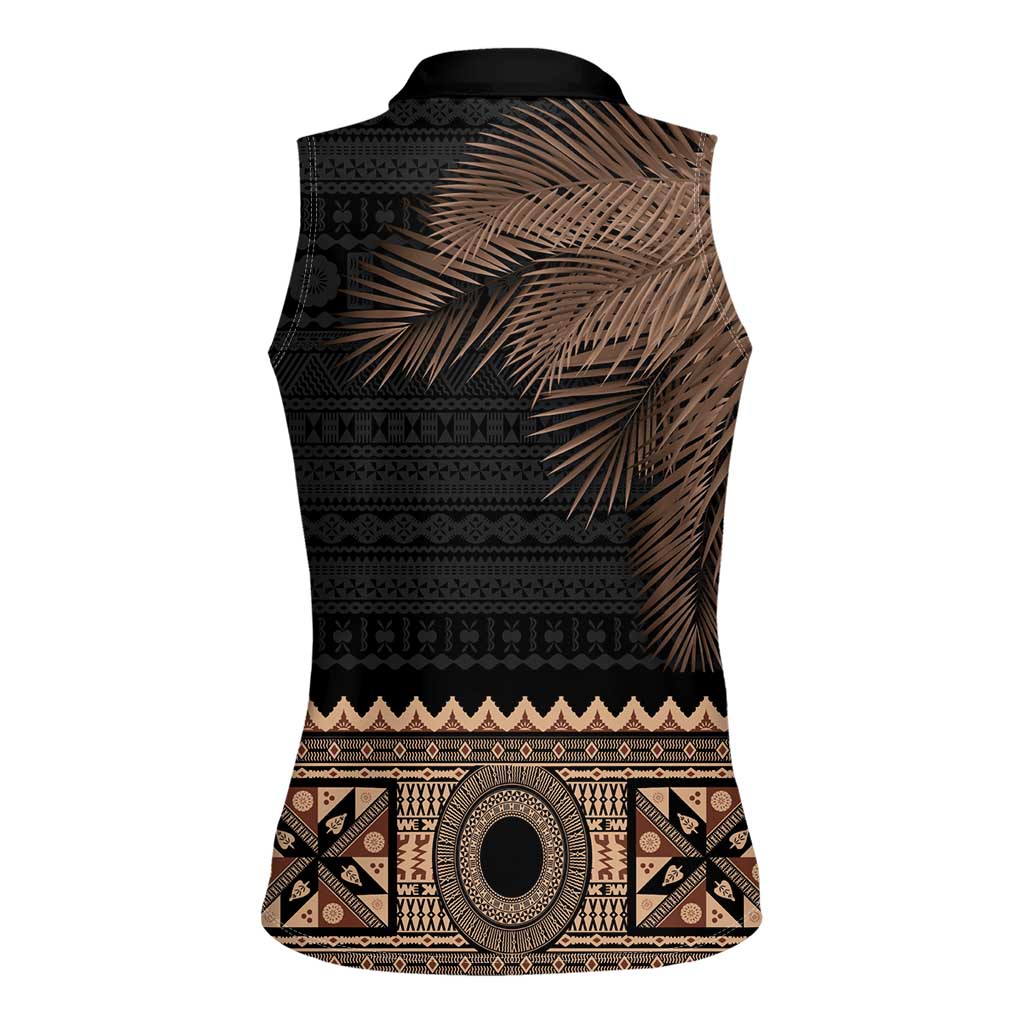 Fiji Palm Leaves Women Sleeveless Polo Shirt Masi and Tapa Tribal Pattern Beige Color LT03 - Polynesian Pride
