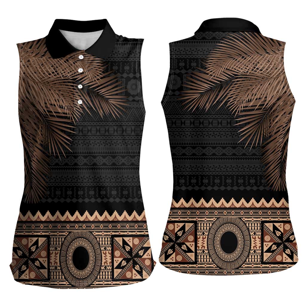 Fiji Palm Leaves Women Sleeveless Polo Shirt Masi and Tapa Tribal Pattern Beige Color LT03 - Polynesian Pride