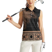 Fiji Palm Leaves Women Sleeveless Polo Shirt Masi and Tapa Tribal Pattern Beige Color LT03 - Polynesian Pride
