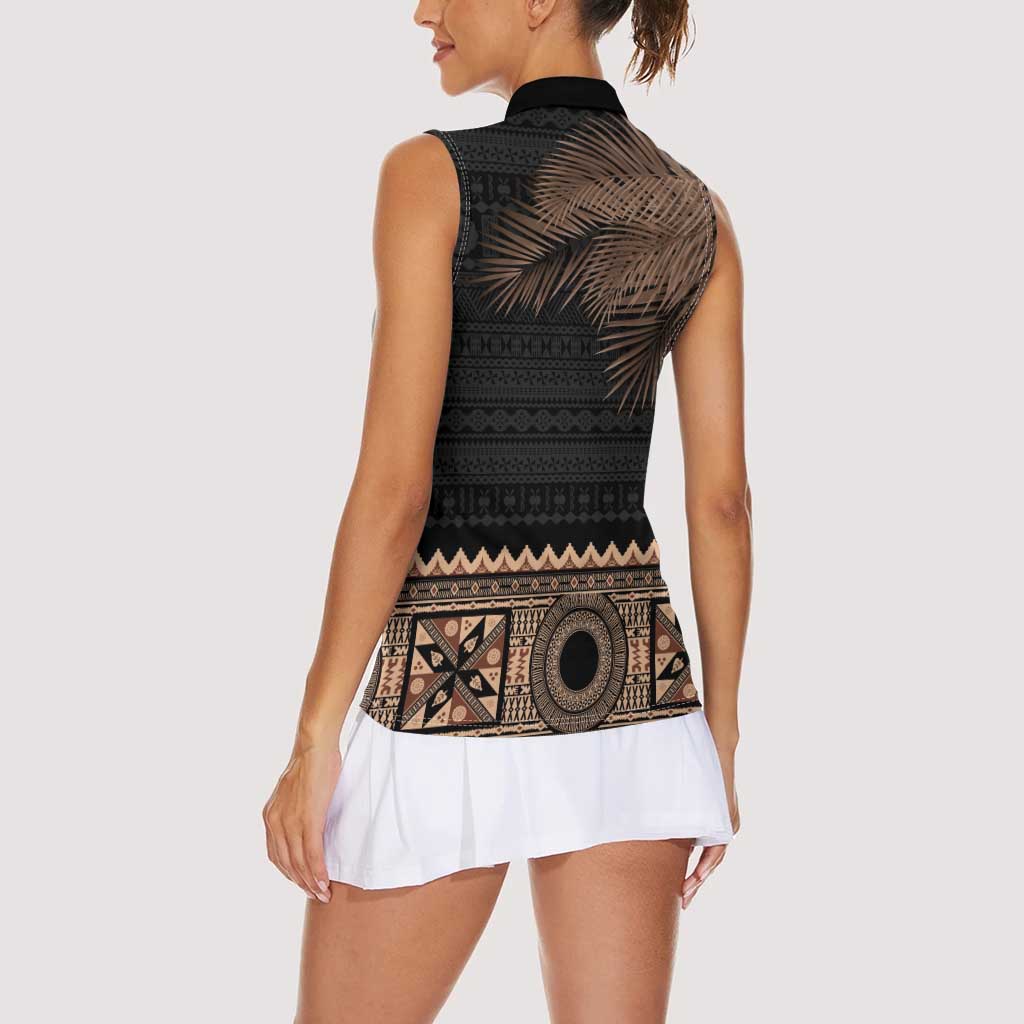 Fiji Palm Leaves Women Sleeveless Polo Shirt Masi and Tapa Tribal Pattern Beige Color LT03 - Polynesian Pride