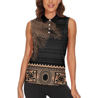 Fiji Palm Leaves Women Sleeveless Polo Shirt Masi and Tapa Tribal Pattern Beige Color LT03 - Polynesian Pride