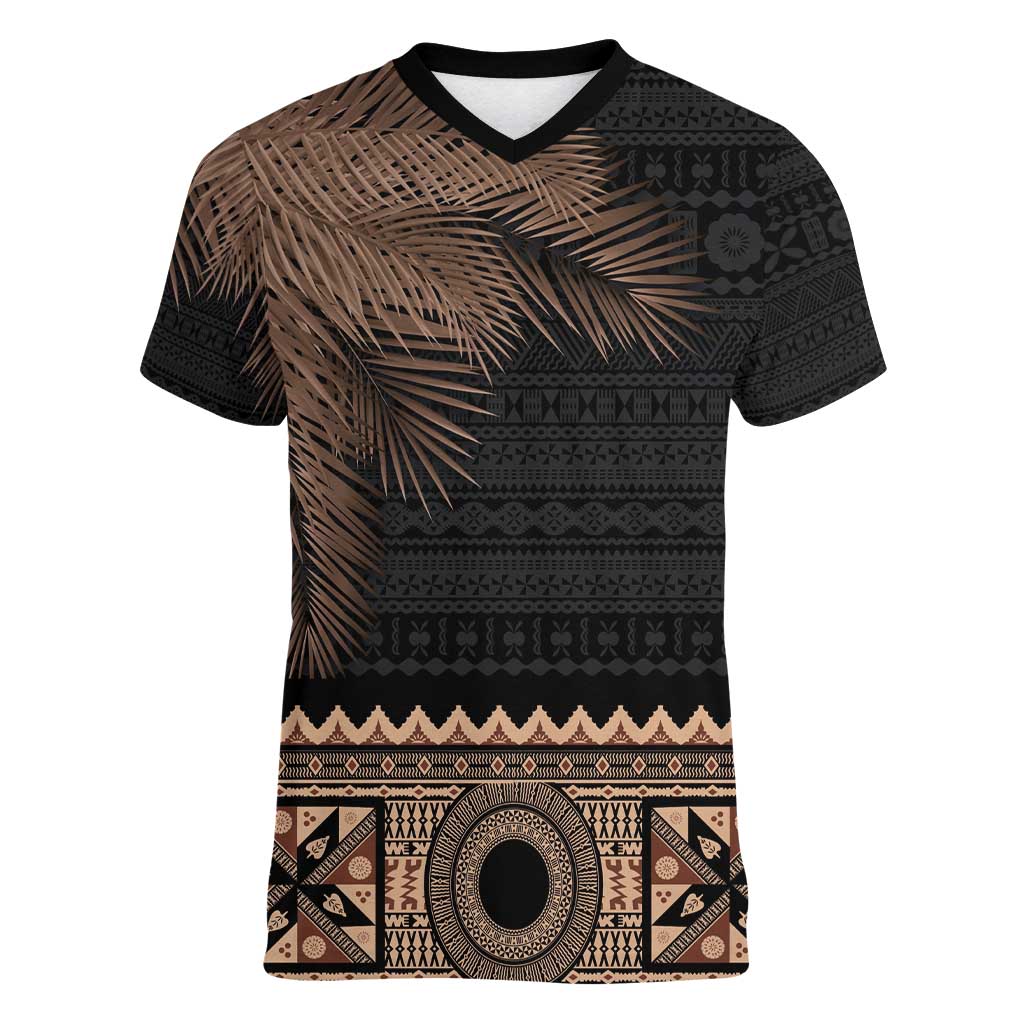 Fiji Palm Leaves Women V-Neck T-Shirt Masi and Tapa Tribal Pattern Beige Color LT03 Female Beige - Polynesian Pride
