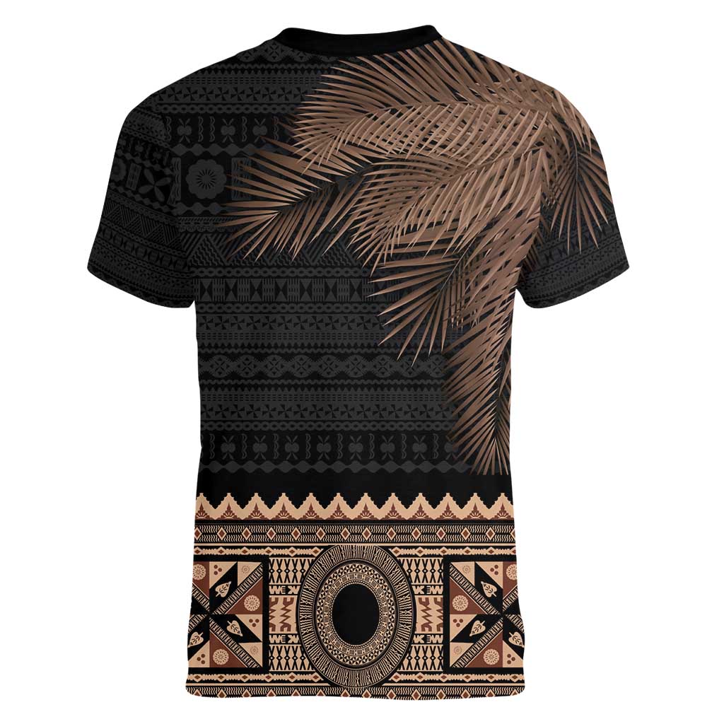 Fiji Palm Leaves Women V-Neck T-Shirt Masi and Tapa Tribal Pattern Beige Color LT03 - Polynesian Pride