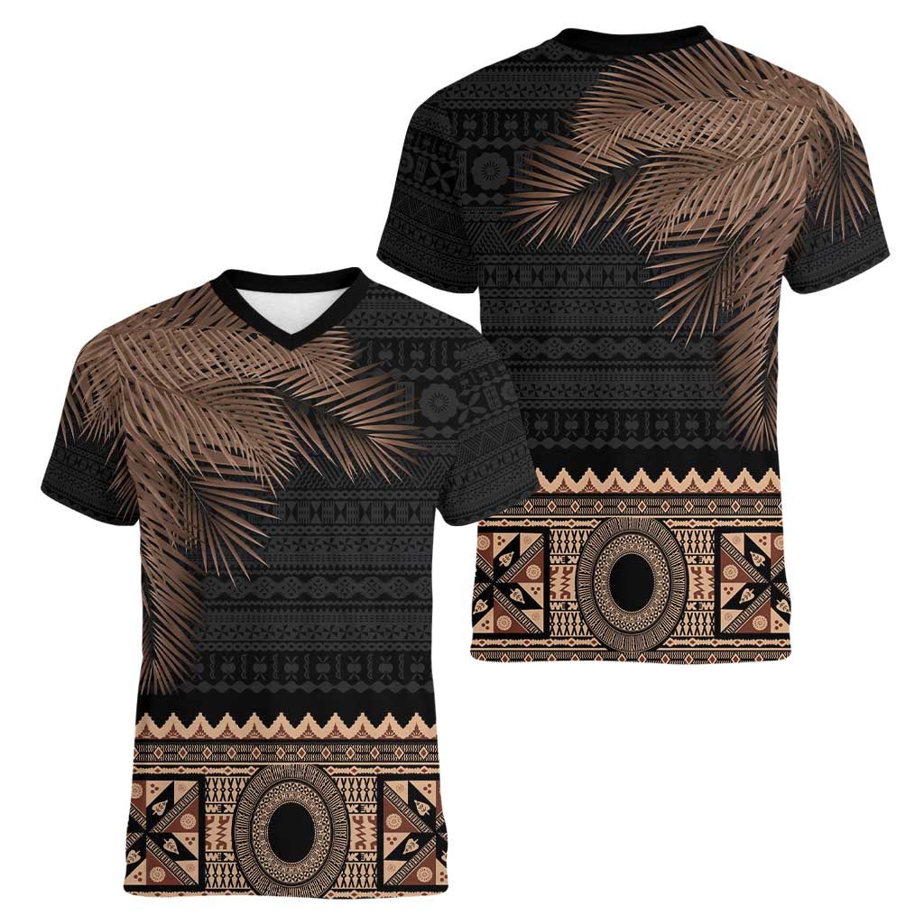 Fiji Palm Leaves Women V-Neck T-Shirt Masi and Tapa Tribal Pattern Beige Color LT03 - Polynesian Pride