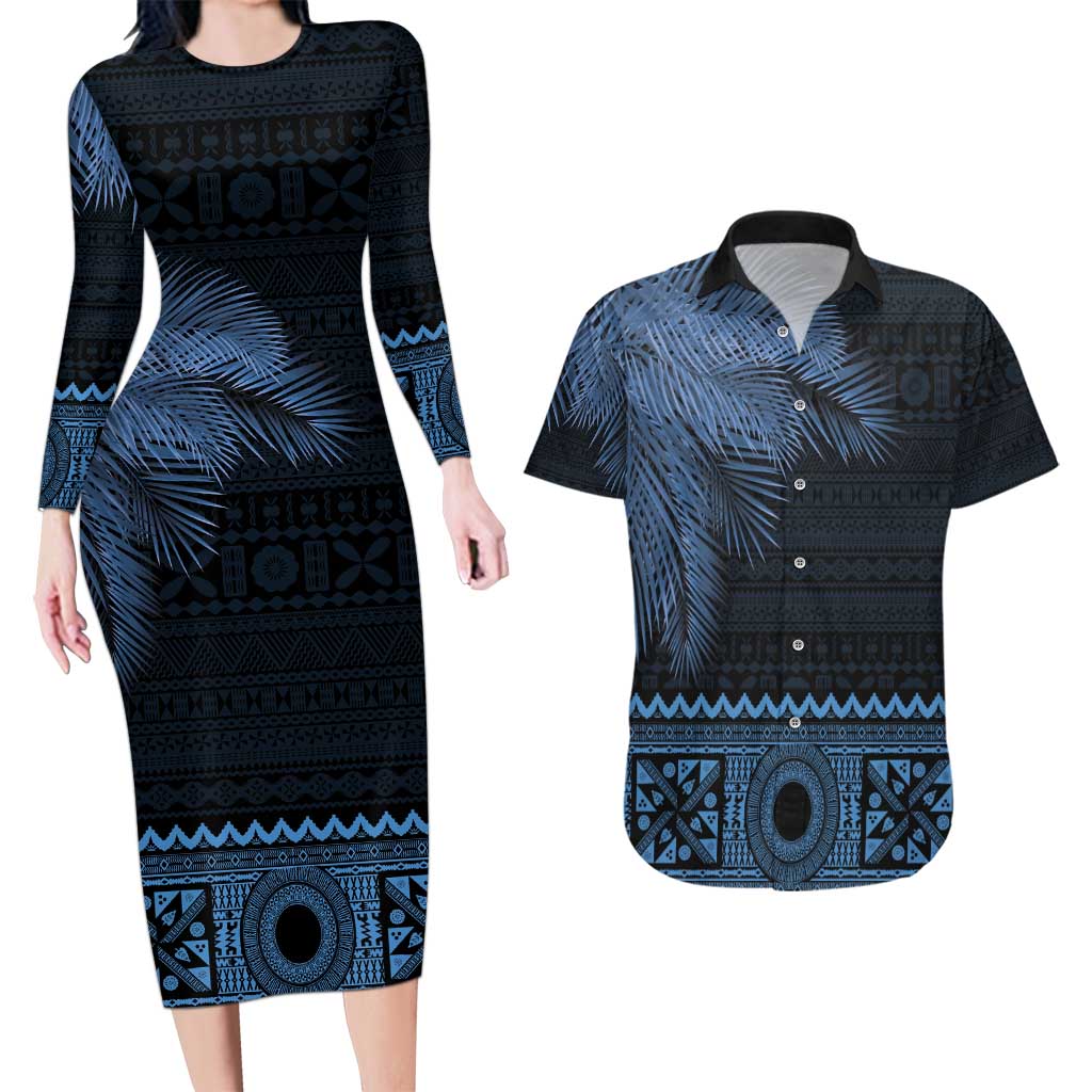Fiji Palm Leaves Couples Matching Long Sleeve Bodycon Dress and Hawaiian Shirt Masi and Tapa Tribal Pattern Blue Color LT03 Blue - Polynesian Pride