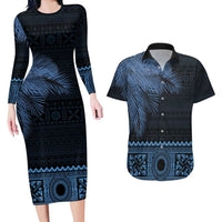 Fiji Palm Leaves Couples Matching Long Sleeve Bodycon Dress and Hawaiian Shirt Masi and Tapa Tribal Pattern Blue Color LT03 Blue - Polynesian Pride