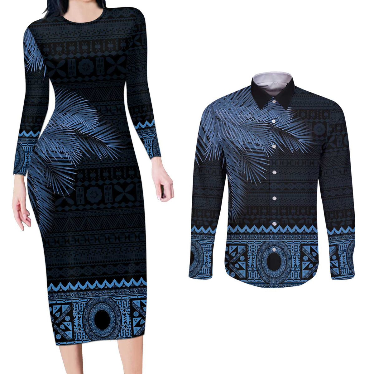 Fiji Palm Leaves Couples Matching Long Sleeve Bodycon Dress and Long Sleeve Button Shirt Masi and Tapa Tribal Pattern Blue Color LT03 Blue - Polynesian Pride