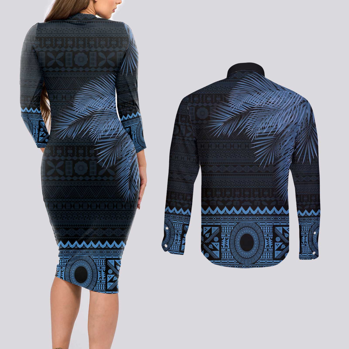 Fiji Palm Leaves Couples Matching Long Sleeve Bodycon Dress and Long Sleeve Button Shirt Masi and Tapa Tribal Pattern Blue Color LT03 - Polynesian Pride