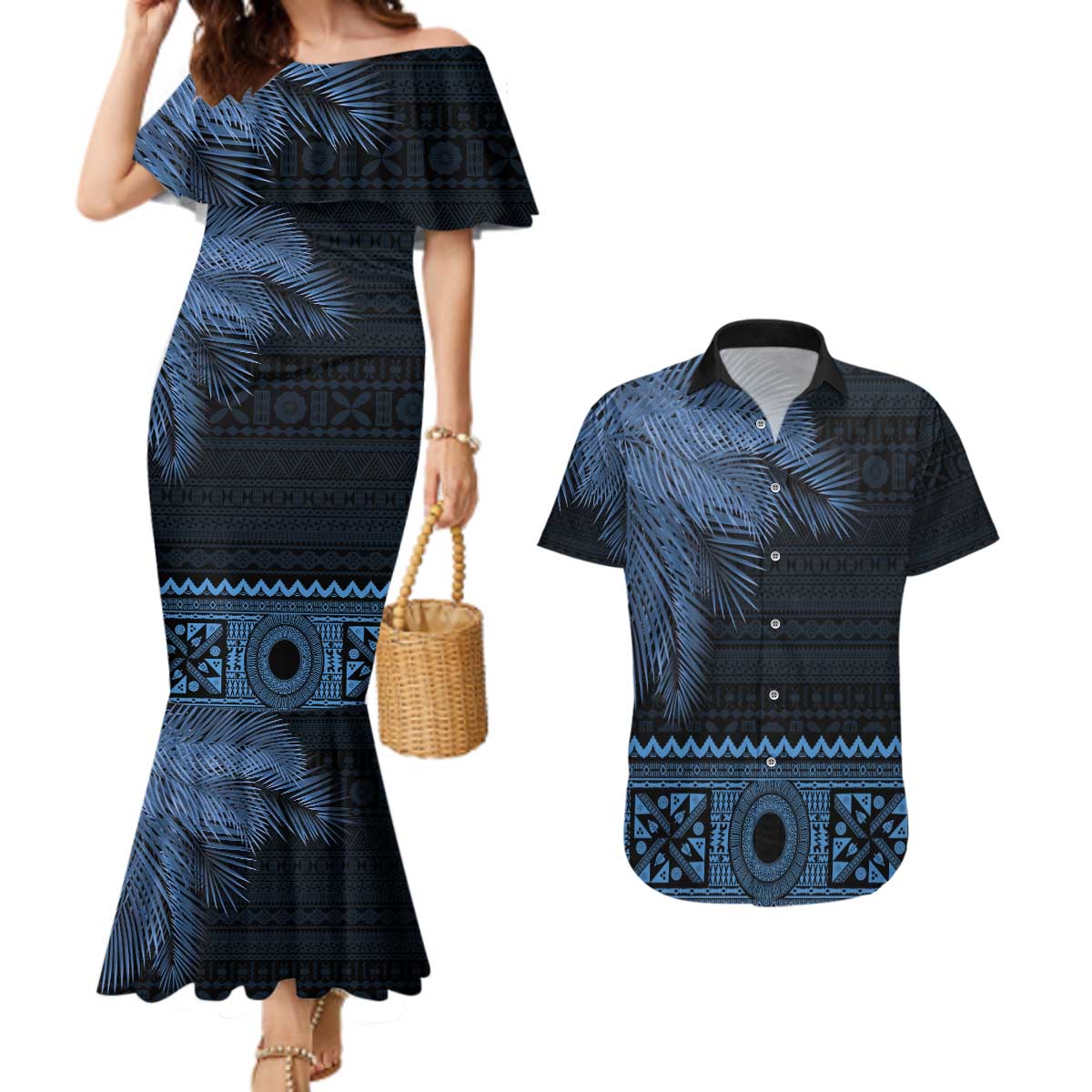 Fiji Palm Leaves Couples Matching Mermaid Dress and Hawaiian Shirt Masi and Tapa Tribal Pattern Blue Color LT03 Blue - Polynesian Pride