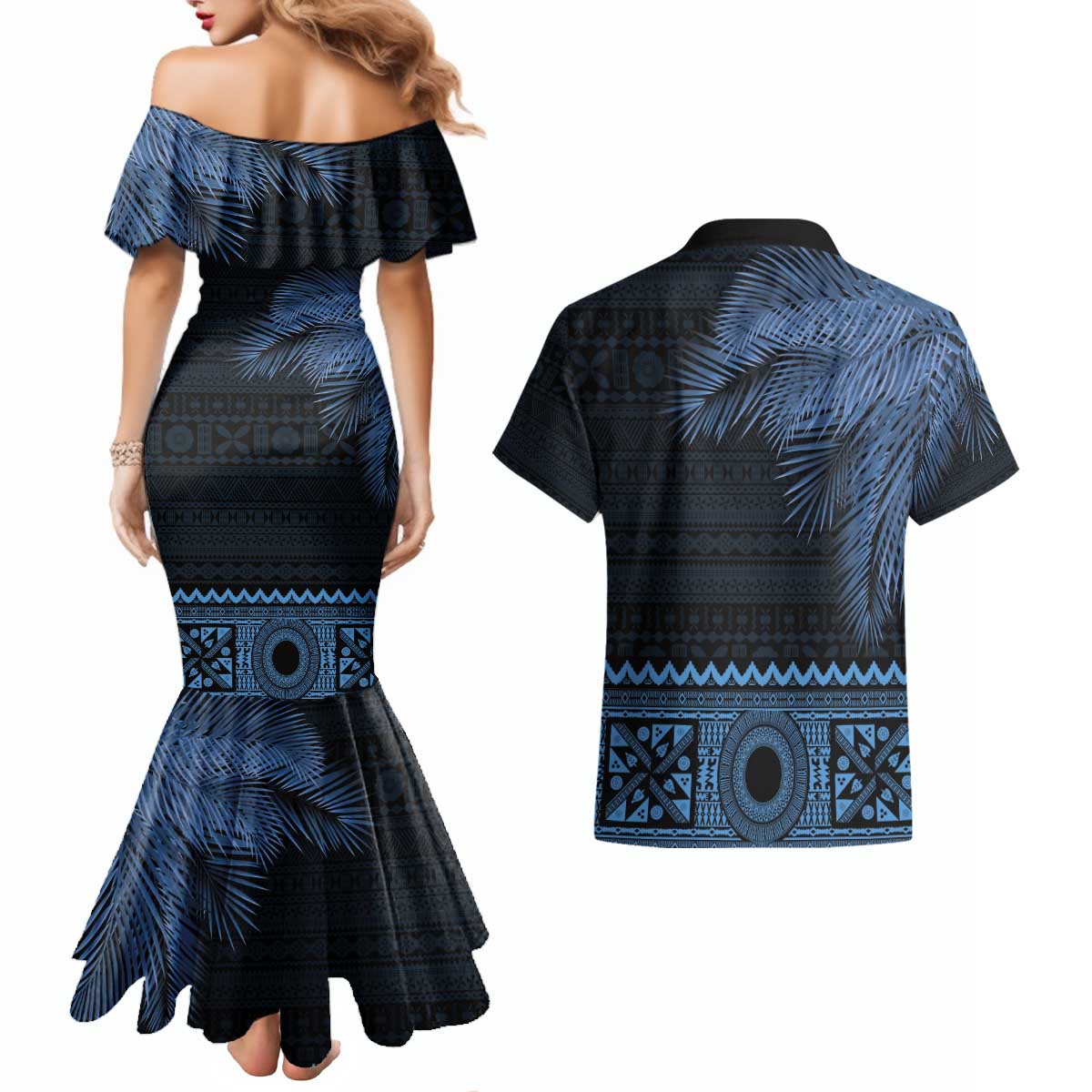 Fiji Palm Leaves Couples Matching Mermaid Dress and Hawaiian Shirt Masi and Tapa Tribal Pattern Blue Color LT03 - Polynesian Pride