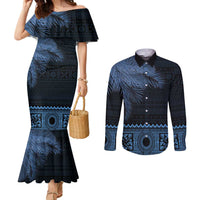 Fiji Palm Leaves Couples Matching Mermaid Dress and Long Sleeve Button Shirt Masi and Tapa Tribal Pattern Blue Color LT03 Blue - Polynesian Pride