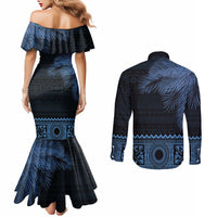 Fiji Palm Leaves Couples Matching Mermaid Dress and Long Sleeve Button Shirt Masi and Tapa Tribal Pattern Blue Color LT03 - Polynesian Pride