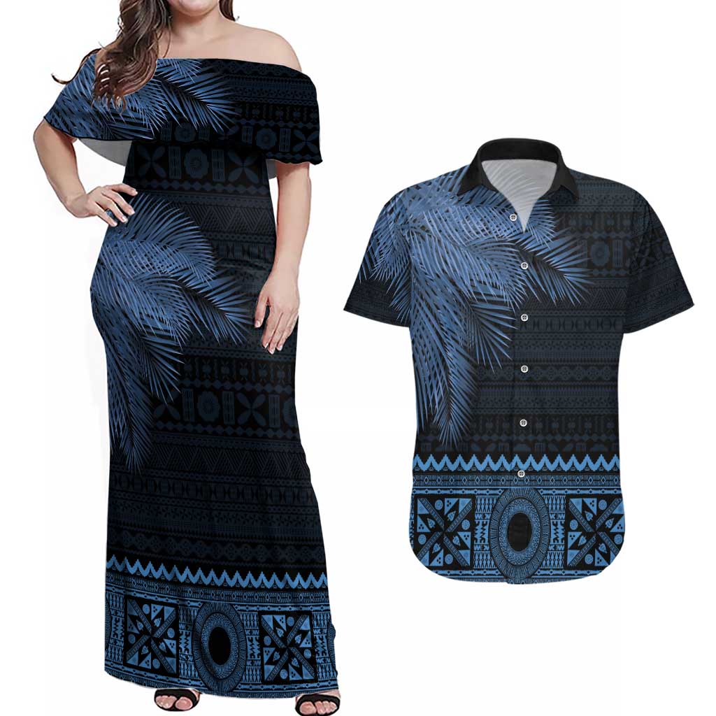 Fiji Palm Leaves Couples Matching Off Shoulder Maxi Dress and Hawaiian Shirt Masi and Tapa Tribal Pattern Blue Color LT03 Blue - Polynesian Pride