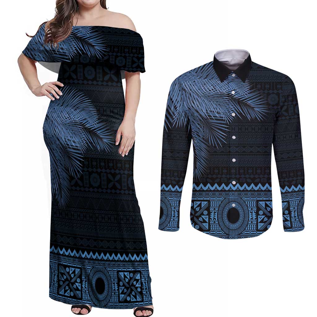 Fiji Palm Leaves Couples Matching Off Shoulder Maxi Dress and Long Sleeve Button Shirt Masi and Tapa Tribal Pattern Blue Color LT03 Blue - Polynesian Pride