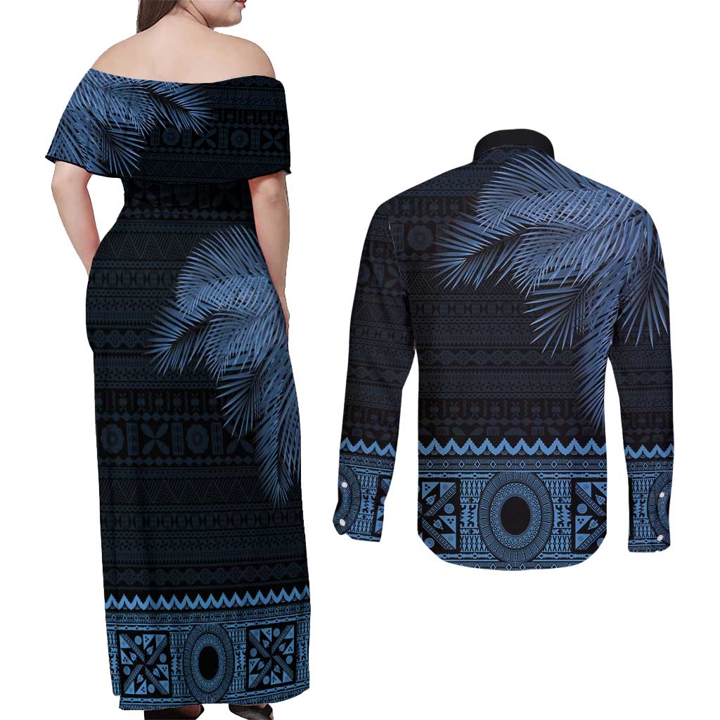 Fiji Palm Leaves Couples Matching Off Shoulder Maxi Dress and Long Sleeve Button Shirt Masi and Tapa Tribal Pattern Blue Color LT03 - Polynesian Pride
