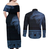 Fiji Palm Leaves Couples Matching Off Shoulder Maxi Dress and Long Sleeve Button Shirt Masi and Tapa Tribal Pattern Blue Color LT03 - Polynesian Pride