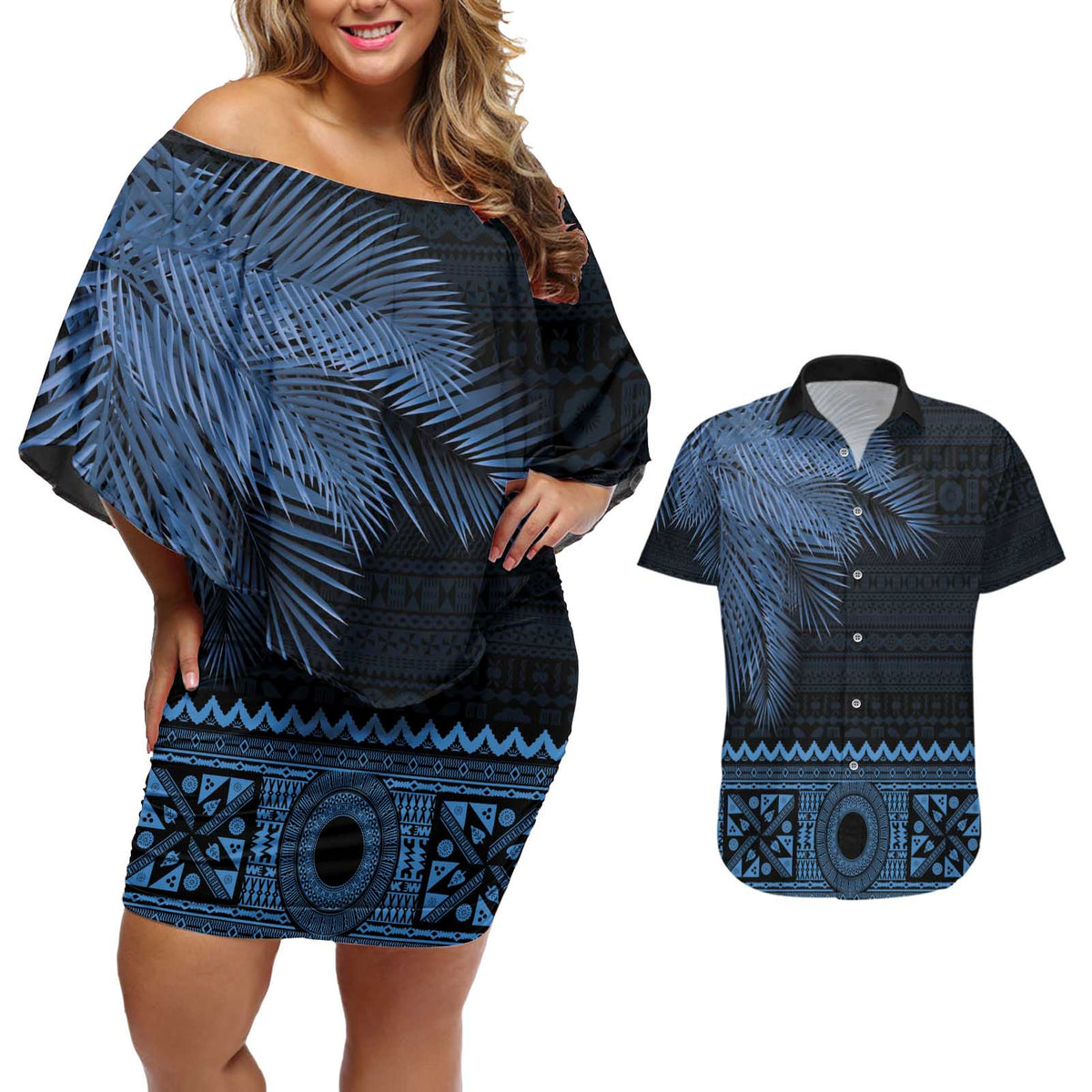 Fiji Palm Leaves Couples Matching Off Shoulder Short Dress and Hawaiian Shirt Masi and Tapa Tribal Pattern Blue Color LT03 Blue - Polynesian Pride