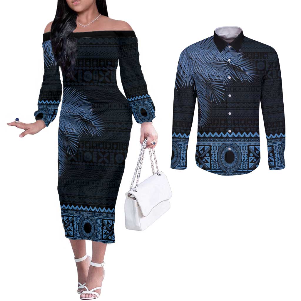 Fiji Palm Leaves Couples Matching Off The Shoulder Long Sleeve Dress and Long Sleeve Button Shirt Masi and Tapa Tribal Pattern Blue Color LT03 Blue - Polynesian Pride