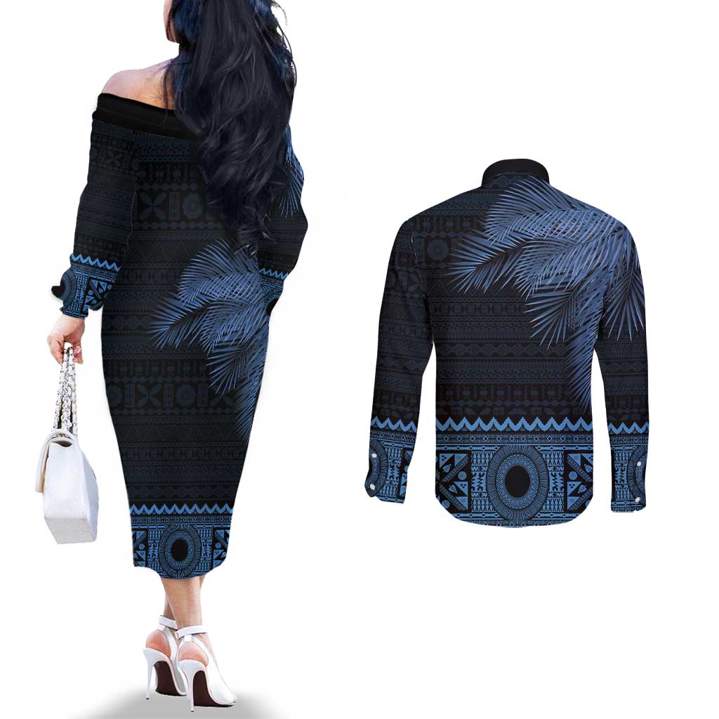 Fiji Palm Leaves Couples Matching Off The Shoulder Long Sleeve Dress and Long Sleeve Button Shirt Masi and Tapa Tribal Pattern Blue Color LT03 - Polynesian Pride