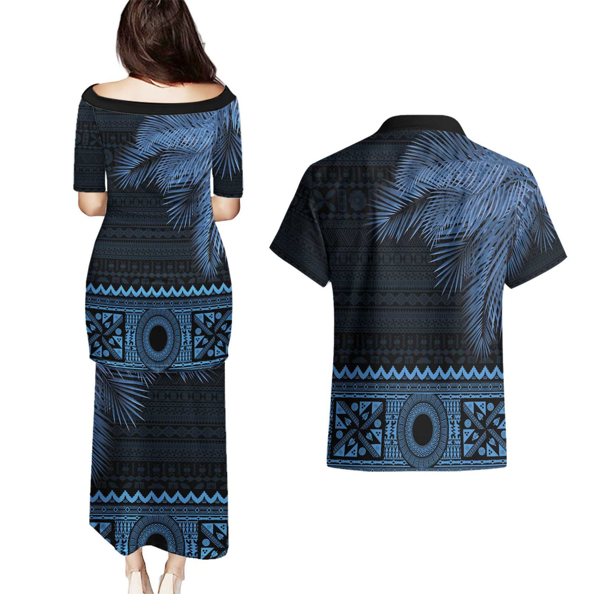 Fiji Palm Leaves Couples Matching Puletasi and Hawaiian Shirt Masi and Tapa Tribal Pattern Blue Color LT03 - Polynesian Pride