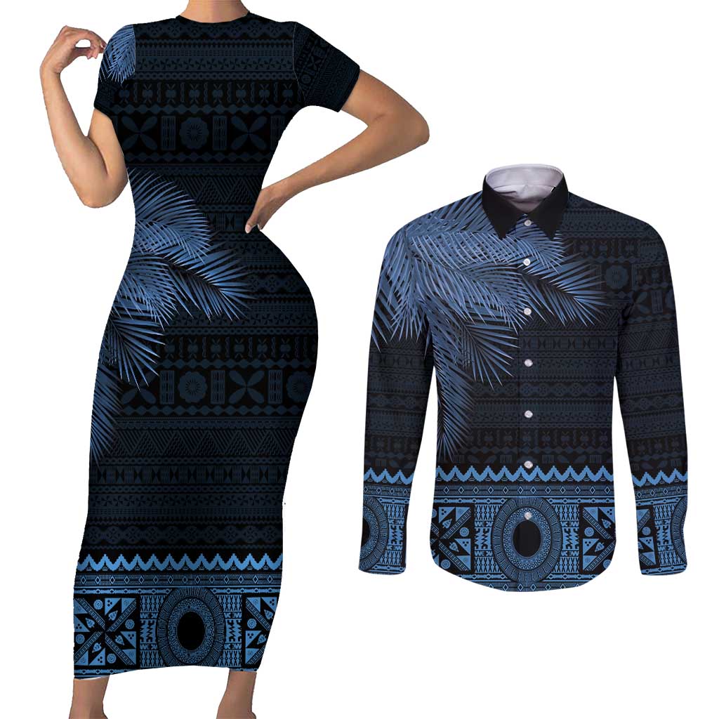 Fiji Palm Leaves Couples Matching Short Sleeve Bodycon Dress and Long Sleeve Button Shirt Masi and Tapa Tribal Pattern Blue Color LT03 Blue - Polynesian Pride