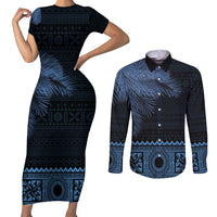 Fiji Palm Leaves Couples Matching Short Sleeve Bodycon Dress and Long Sleeve Button Shirt Masi and Tapa Tribal Pattern Blue Color LT03 Blue - Polynesian Pride