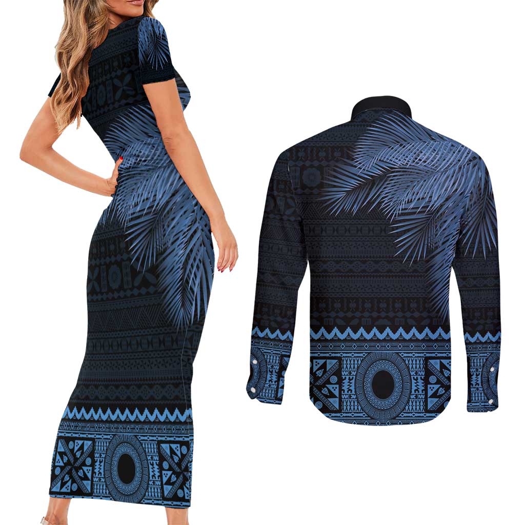 Fiji Palm Leaves Couples Matching Short Sleeve Bodycon Dress and Long Sleeve Button Shirt Masi and Tapa Tribal Pattern Blue Color LT03 - Polynesian Pride