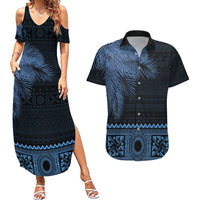Fiji Palm Leaves Couples Matching Summer Maxi Dress and Hawaiian Shirt Masi and Tapa Tribal Pattern Blue Color LT03 Blue - Polynesian Pride