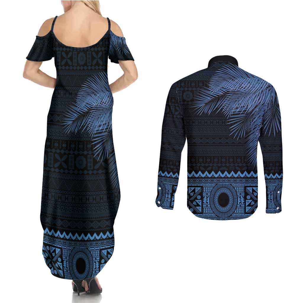 Fiji Palm Leaves Couples Matching Summer Maxi Dress and Long Sleeve Button Shirt Masi and Tapa Tribal Pattern Blue Color LT03 - Polynesian Pride