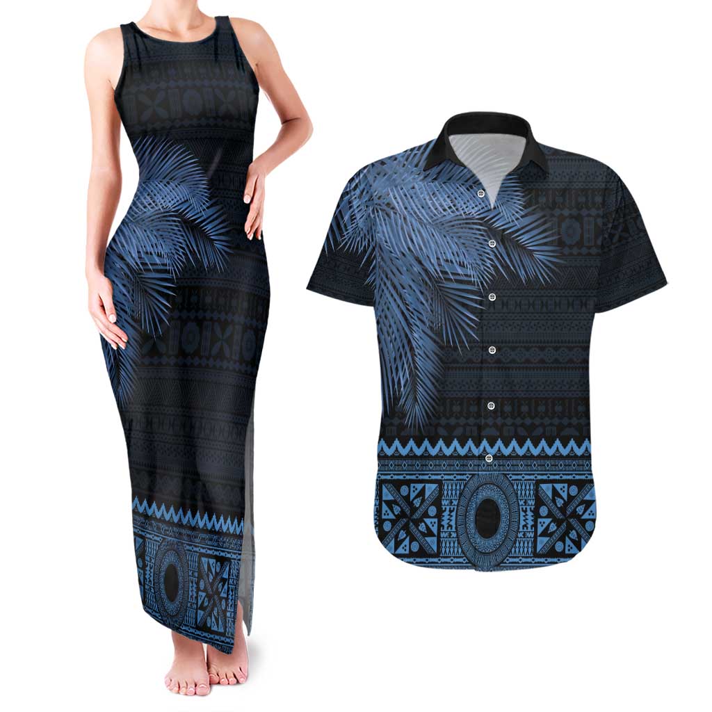 Fiji Palm Leaves Couples Matching Tank Maxi Dress and Hawaiian Shirt Masi and Tapa Tribal Pattern Blue Color LT03 Blue - Polynesian Pride