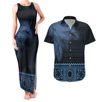 Fiji Palm Leaves Couples Matching Tank Maxi Dress and Hawaiian Shirt Masi and Tapa Tribal Pattern Blue Color LT03 Blue - Polynesian Pride