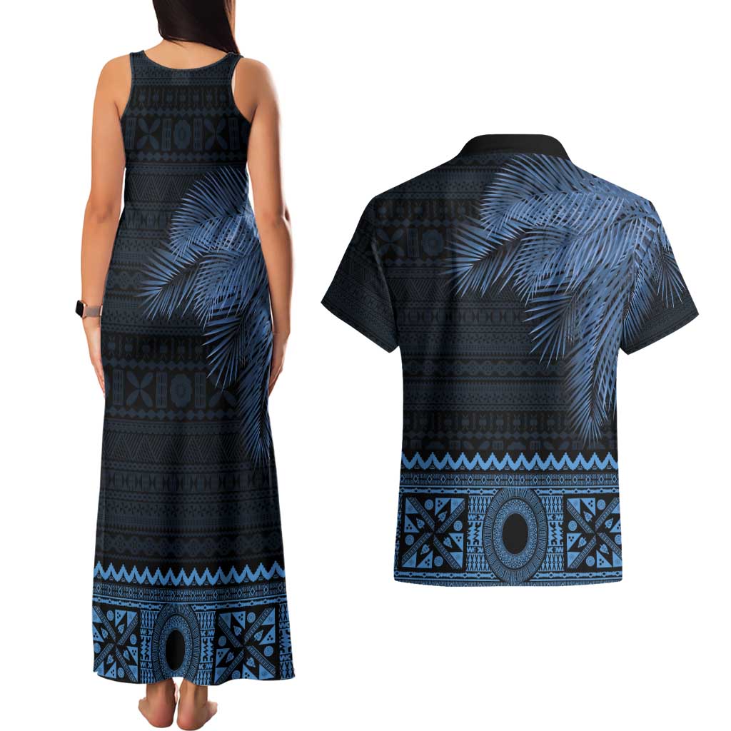 Fiji Palm Leaves Couples Matching Tank Maxi Dress and Hawaiian Shirt Masi and Tapa Tribal Pattern Blue Color LT03 - Polynesian Pride