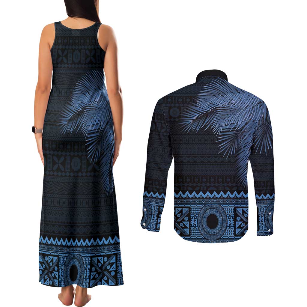 Fiji Palm Leaves Couples Matching Tank Maxi Dress and Long Sleeve Button Shirt Masi and Tapa Tribal Pattern Blue Color LT03 - Polynesian Pride