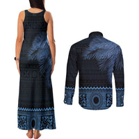 Fiji Palm Leaves Couples Matching Tank Maxi Dress and Long Sleeve Button Shirt Masi and Tapa Tribal Pattern Blue Color LT03 - Polynesian Pride