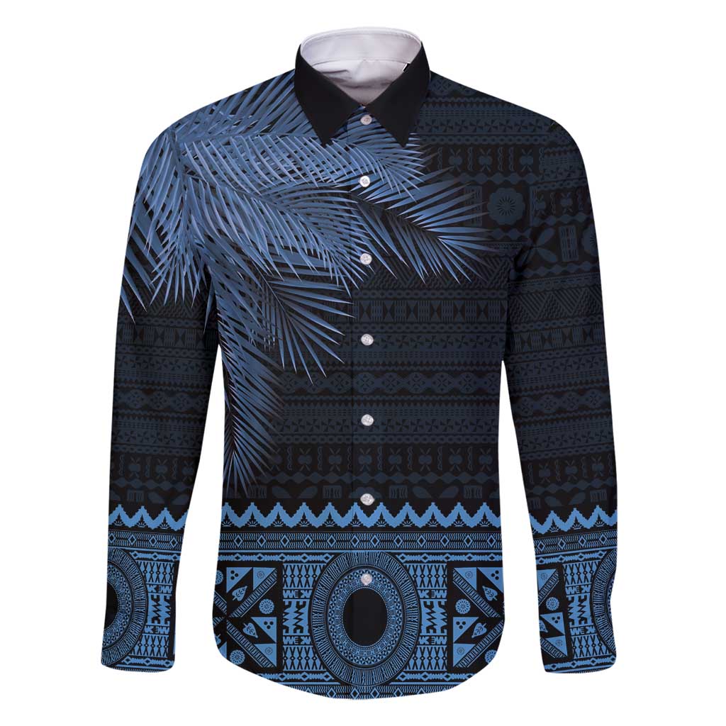 Fiji Palm Leaves Family Matching Long Sleeve Bodycon Dress and Hawaiian Shirt Masi and Tapa Tribal Pattern Blue Color LT03 Dad's Shirt - Long Sleeve Blue - Polynesian Pride
