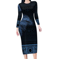 Fiji Palm Leaves Family Matching Long Sleeve Bodycon Dress and Hawaiian Shirt Masi and Tapa Tribal Pattern Blue Color LT03 Mom's Dress Blue - Polynesian Pride