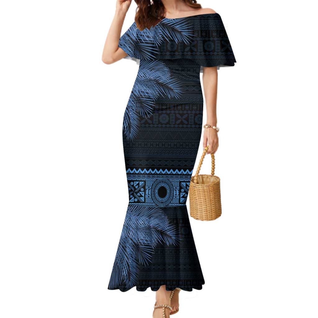 Fiji Palm Leaves Family Matching Mermaid Dress and Hawaiian Shirt Masi and Tapa Tribal Pattern Blue Color LT03 Mom's Dress Blue - Polynesian Pride