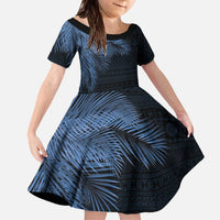 Fiji Palm Leaves Family Matching Off The Shoulder Long Sleeve Dress and Hawaiian Shirt Masi and Tapa Tribal Pattern Blue Color LT03 Daughter's Dress Blue - Polynesian Pride