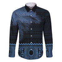 Fiji Palm Leaves Family Matching Off The Shoulder Long Sleeve Dress and Hawaiian Shirt Masi and Tapa Tribal Pattern Blue Color LT03 Dad's Shirt - Long Sleeve Blue - Polynesian Pride