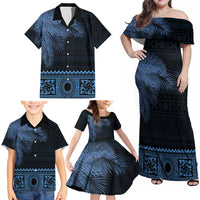 Fiji Palm Leaves Family Matching Off Shoulder Maxi Dress and Hawaiian Shirt Masi and Tapa Tribal Pattern Blue Color LT03 - Polynesian Pride