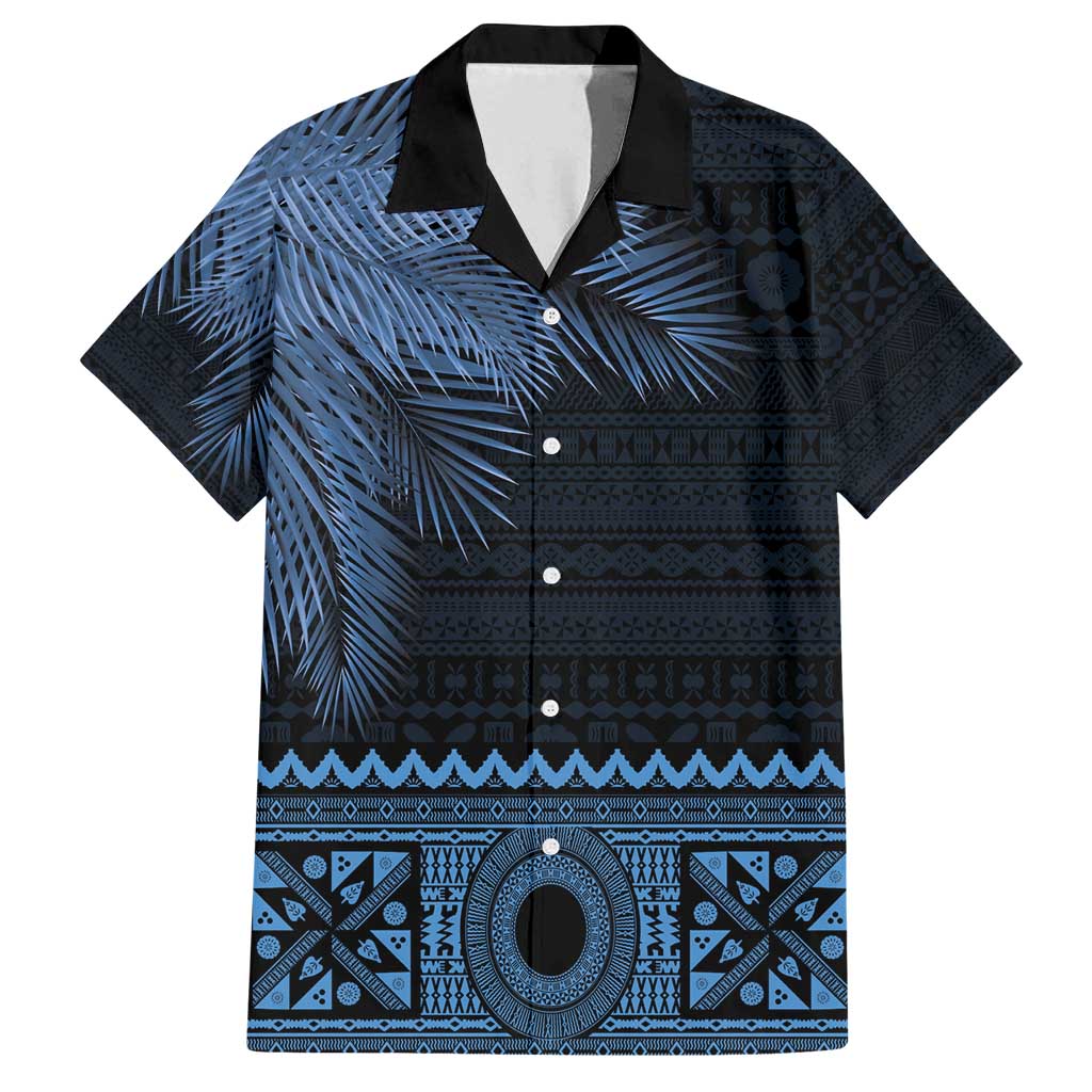 Fiji Palm Leaves Family Matching Off Shoulder Maxi Dress and Hawaiian Shirt Masi and Tapa Tribal Pattern Blue Color LT03 Dad's Shirt - Short Sleeve Blue - Polynesian Pride