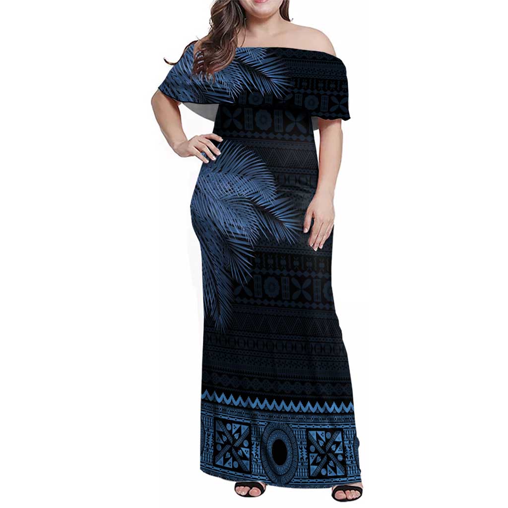 Fiji Palm Leaves Family Matching Off Shoulder Maxi Dress and Hawaiian Shirt Masi and Tapa Tribal Pattern Blue Color LT03 Mom's Dress Blue - Polynesian Pride
