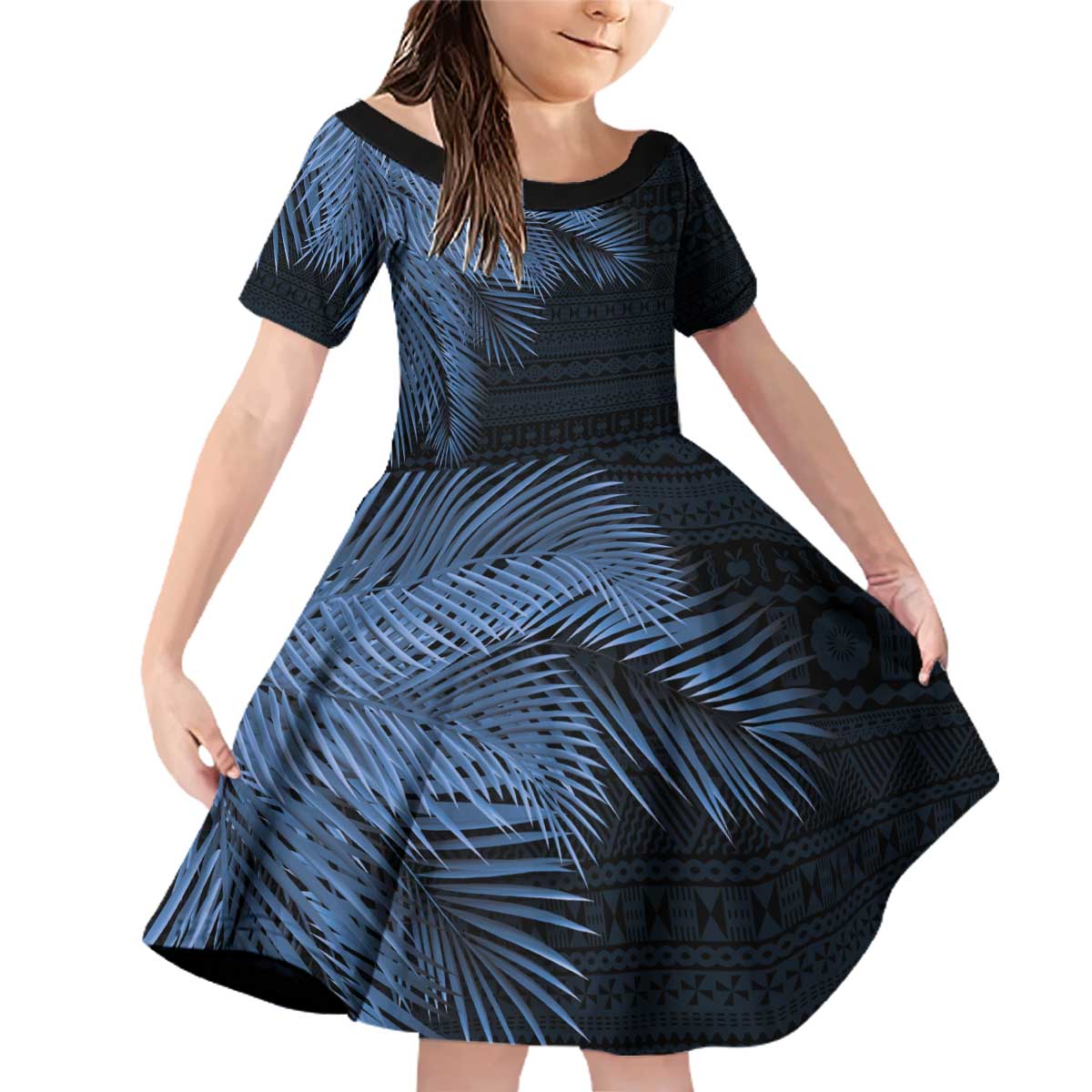Fiji Palm Leaves Family Matching Off Shoulder Short Dress and Hawaiian Shirt Masi and Tapa Tribal Pattern Blue Color LT03 Daughter's Dress Blue - Polynesian Pride